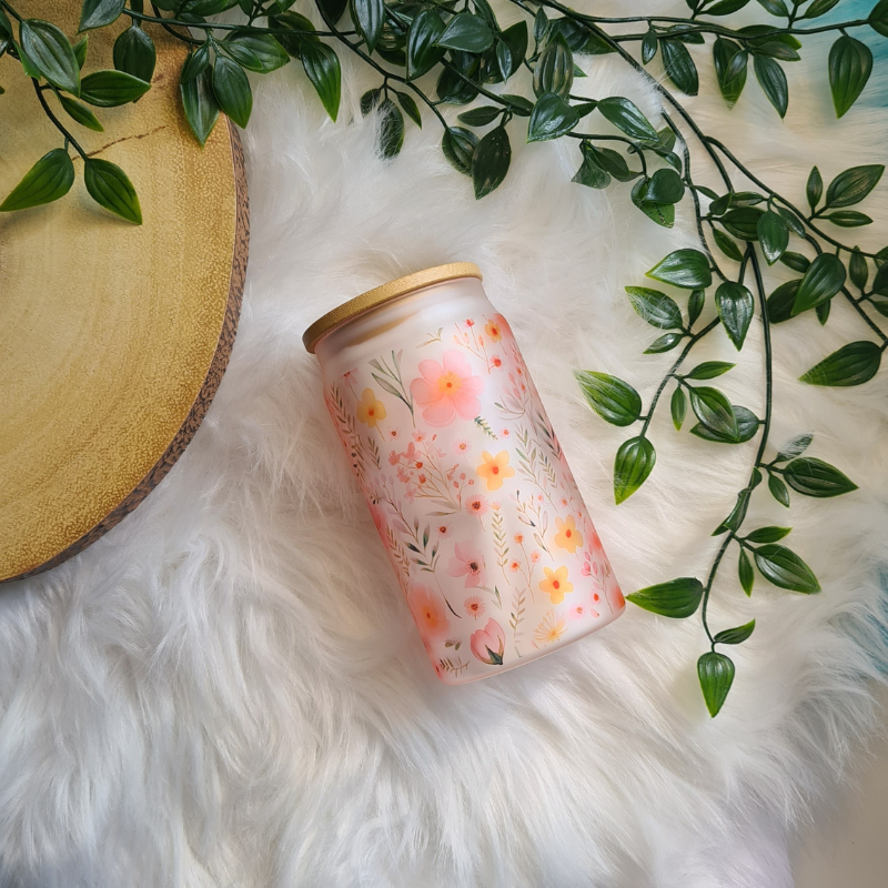 Dainty Flowers 16oz Frosted Glass Can