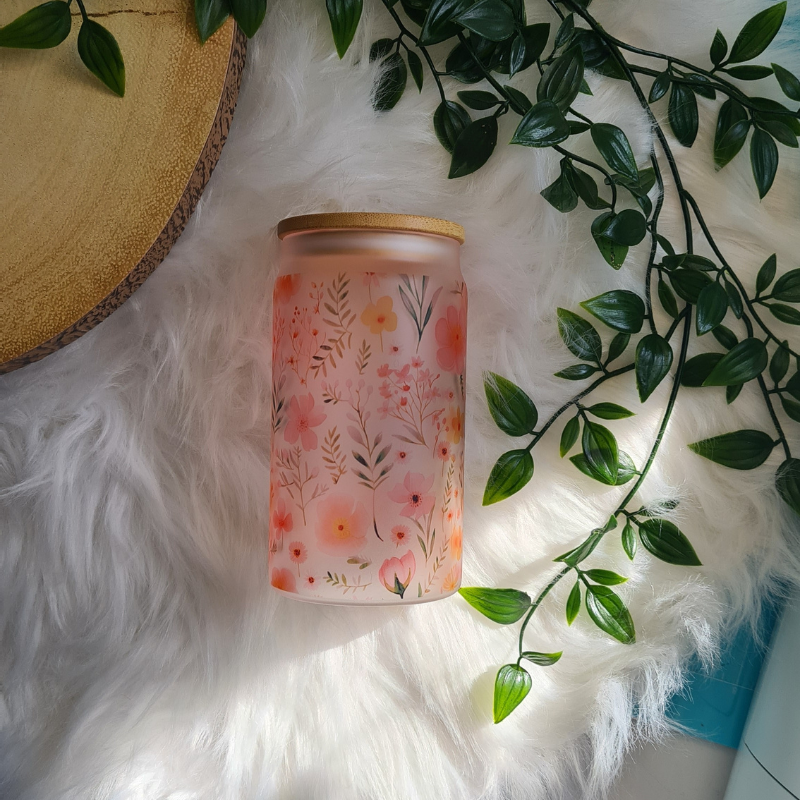 Dainty Flowers 16oz Frosted Glass Can