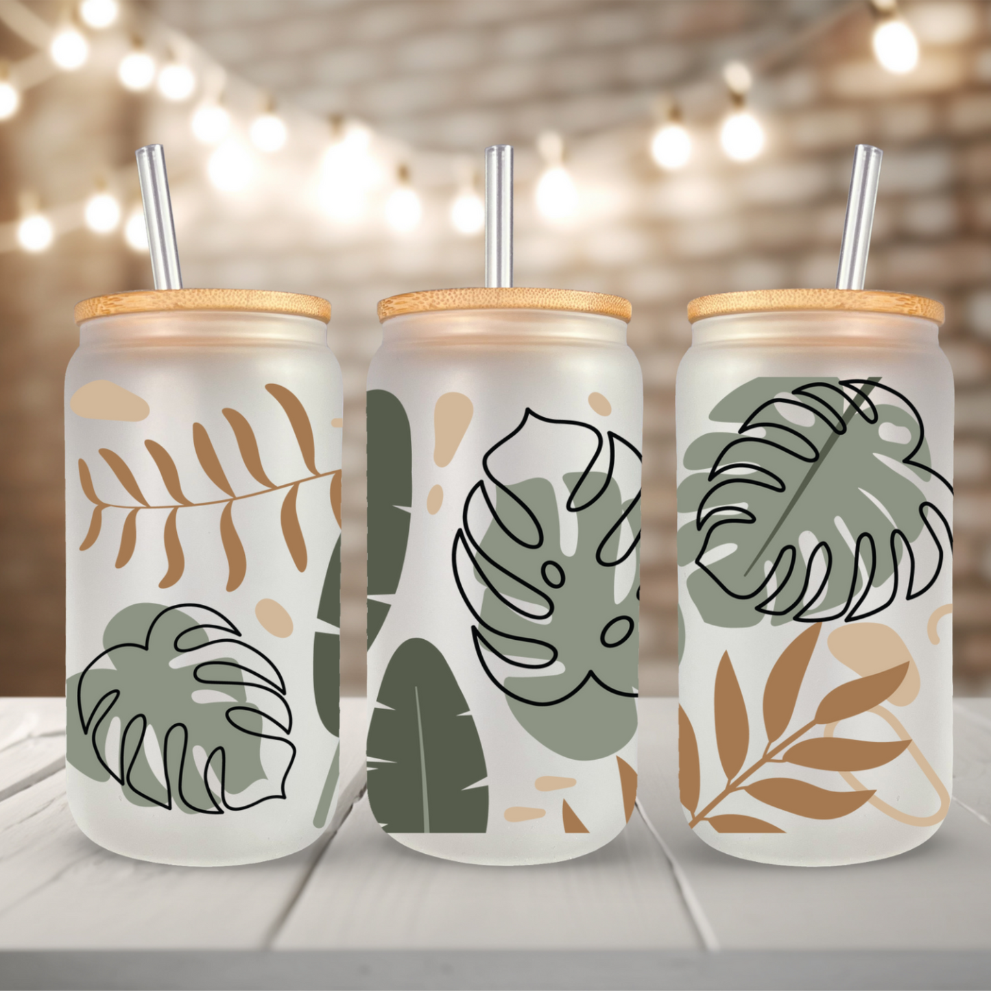 Tropical Leaves 16oz Glass Can